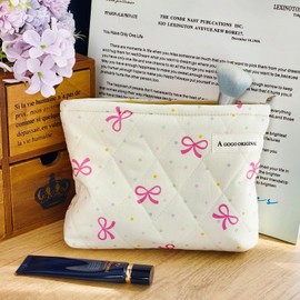STARDW Cute Cotton Quilted Makeup Bag Cosmetic Bags for Women and Girls,Travel Toiletry Bag Floral Makeup Zipper Pouch, Purse Organizer Pouches,Canvas Lining (Cotton Bow)