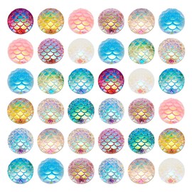 Beadthoven 100pcs 10mm Flat Round Resin Mermaid Fish Scale Cabochons Mixed AB Sparkling Dome Charm Beads for DIY Jewelry Making Nail Art Decoration