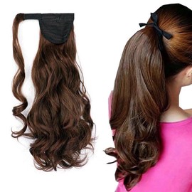 iLUU 18 Inch Long Curly Wavy Wrap Around Ponytail Hairpiece Dark Brown mix Auburn Color Magic Paste Synthetic Ponytail Hair Extension for Women Girls (100g, #4A/30B Highlights Color)