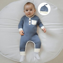 PanLidapan Newborn Baby Grow Clothes Baby Boy Romper Long Sleeve Full Length Ribbed Romper Outfit with Hat for Infant Boys Jumpsuit Autumn Clothing Sets (Blue, Newborn)