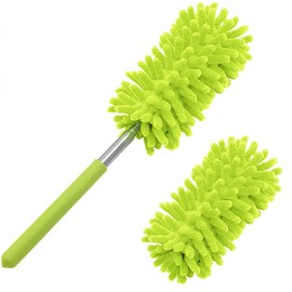 TUKUOS Microfiber Duster for Cleaning, Tukuos Hand Washable Dusters with 2pcs Replace Microfiber Head, Extendable Pole, Detachable Cleaning Brush Tool for Office, Car, Window, Furniture, Ceiling Fan Green