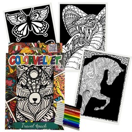 4 Pack Velvet Coloring Posters- Animal Variety- Arts & Craft Kit Includes a Fox, King Cobra, Horse, Butterflies and 12 Felt Tip Markers- Ideal for Travel- Boys and Girls 3+