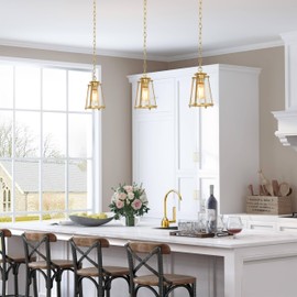 LALUZ Gold Pendant Light Fixtures, Modern Hanging Pendant Lighting with Seeded Glass Shade for Kitchen Island, Bedroom, Foyer and Entryway