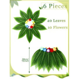 6 Pcs Leaf Hula Skirt Hula Green Leaves Skirt with Artificial Flowers Hawaiian Grass Skirt for Summer Luau Party