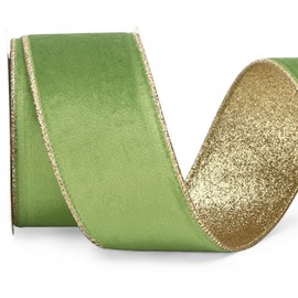 Ribbli Spring Moss Velvet Wired Ribbon 2.5 Inch Lime Green Velvet with Gold Glitter Christmas Ribbon for Christmas Tree Decoration Big Bow Gift Wrapping Crafts Wreaths Supplies- 10 Yards