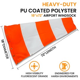 18"x72" Airport Windsock | Heavy Duty, All Weather, Waterproof, UV Fade Resistant, High Vis Fluorescent, Quad Stitched, Zip Ties Included, for Industrial, Ranch, and Agricultural Use | Orange & White