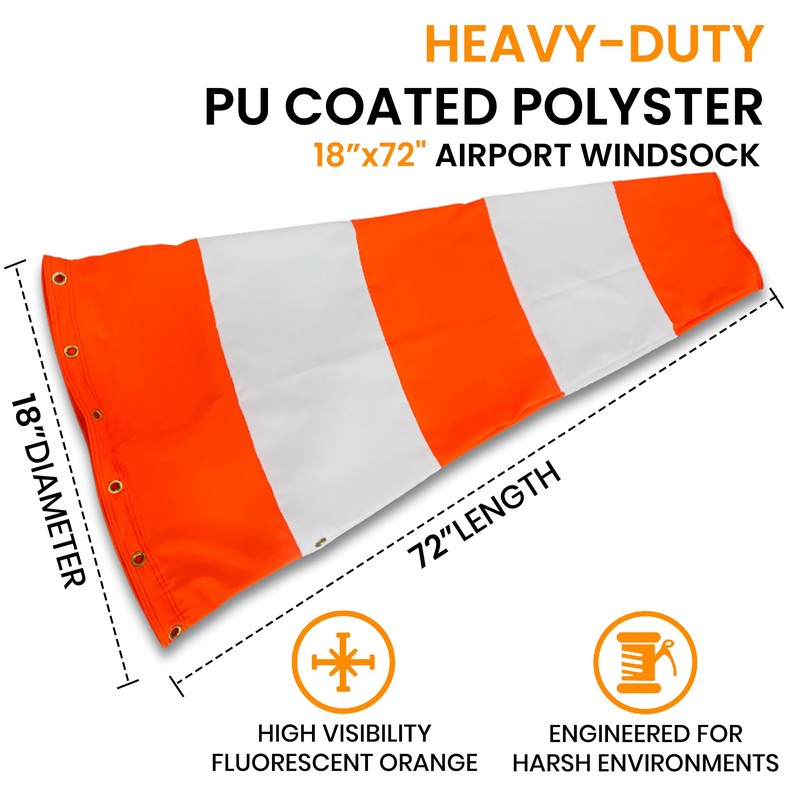 18"x72" Airport Windsock | Heavy Duty, All Weather, Waterproof, UV