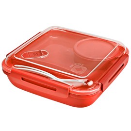 Rotho Memory B3 Lunch Box 1.1 L with Cutlery and Separate Container, Plastic (PP) BPA-Free, Red, 1.1 L (19.5 x 19.5 x 6.5 cm)