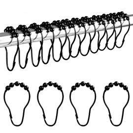 LIHAO - 12 Ganchos Cortina Baño Acero Inoxidable Aros Cortina Ducha Metal con Sistema de Deslizamiento, 12 Ganchos únicos, 69 x 39 mm (Negro)