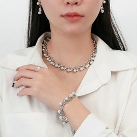 la luen Pearl Bride Wedding Jewelry Set,Faux Pearls Necklace Earrings Bracelet Adjustable Ring Sets For Women Bridesmaid Party (Silver - 5 Piece Pearl Set)