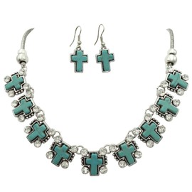 Gypsy Jewels 9 Cross Silver Tone Western Southwestern Look Necklace & Dangle Earring Set (Simulated Turquoise)