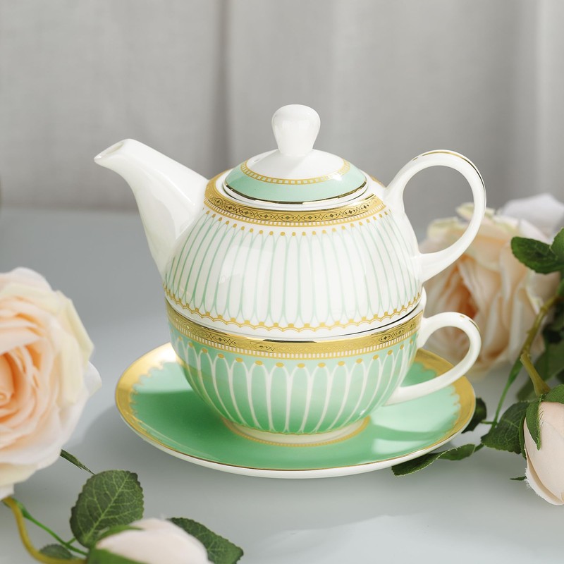 fanquare Tea for One with Gold Trim, Green Teapot Set