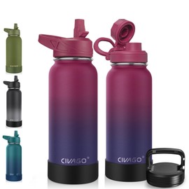 CIVAGO 32 oz Insulated Water Bottle With Straw, Stainless Steel Sports Water Cup Flask with 3 Lids (Straw, Spout and Handle Lid), Wide Mouth Travel Thermal Mug, Dark Rainbow
