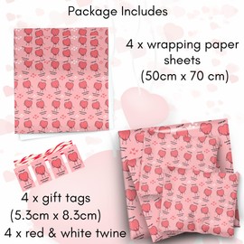 LimaLima 4 x Wrapping Paper Sheets With Tags & String. Funny I Love You Heart Design Pink Perfect For Valentine Birthday Mother's Day & Anniversary Suitable For Men Women Mum Dad Husband & Wife