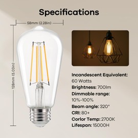 Linkind Edison Light Bulbs 60W Equivalent, E26 Dimmable Vintage Edison LED Light Bulbs ST58 Antique Decorative Filament LED Bulb, 6W 700LM, 2700K Soft White 80+ CRI Clear Glass Light Bulbs, 6 Packs