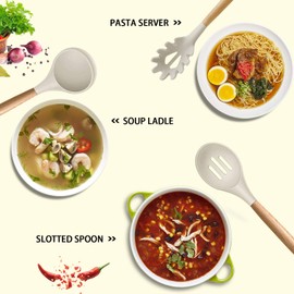 MIBOTE Silicone Cooking Kitchen Utensils Set with Holder, Wooden Handles BPA Free Non Toxic Silicone Turner Tongs Spatula Spoon Kitchen Gadgets Utensil Set for Nonstick Cookware (Khaki)