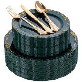 DaYammi 150Pcs Green Plastic Plates with Gold Rim, Green Disposable Plates Set include 30 Dinner Plate, 30 Dessert Plate, 90 Gold Plastic Silverware set for Party Wedding