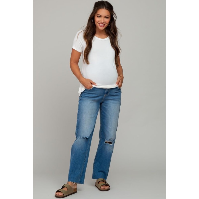 PinkBlush Blue Straight Leg Frayed Hem Maternity Jeans