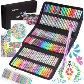 Vozuna 145 Pack Glitter Gel Pens Set 72 Unique Colours & 72 Refills with 1 Colouring Book for Kids Adult Colouring Books Drawing Doodling Crafts Scrapbooking