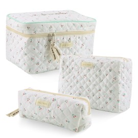 3-Piece Cosmetic Bag Set, Shyllin Beauty Bag, Travel Bag Women with Cherry Pattern, Toiletry Bag Girls, Suitable for Travel, Daily and Stationery Storage, Toiletry Bag Women Large, White Blue, Cherry