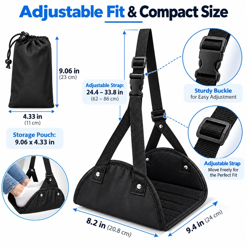 Airplane Footrest Hammock with Adjustable Strap, Portable Padded Travel Foot
