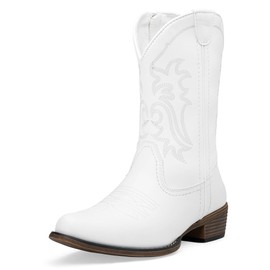 Jeossy Women's White Cowboy Boots, Western Cowgirl Mid-Calf Pull on Round Toe Embroidered Country 9806 Boots with Zipper Size 11 (DJY9806 White 11)