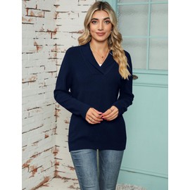 IECCP Womens Jumpers V Neck Long Sleeve Tops Women Solid Color Pullover Lapel Knit Sweater Navy Blue L