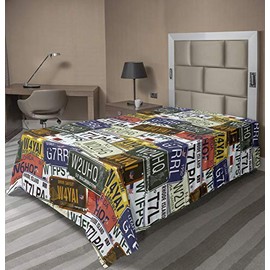 Ambesonne USA Flat Sheet, Retro American Auto License Plates Utah America Rhode Island North Carolina Print, Soft Comfortable Top Sheet Decorative Bedding 1 Piece, Twin Size, Green White