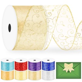 Glarks 1 Roll 6.3cm x 9.15m Champagne Swirl Glitter Wired Ribbon, Organza with Glitter Swirls Wired Ribbon, Organza Sheer Swirl Ribbon with Metallic Edge for Christmas Tree Decoration Gift Wrapping