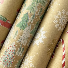 Jillson Roberts Kraft Wrapping Paper Roll Bundle (25 sq ft per roll, 100 Total Sq Ft) Red Pickup Truck, Candy Cane Glitter, Snowflake Sky, Opulent Tree, 4 Pack