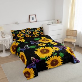 Sunflower Butterfly Print Bedding Set for Girls Boys Children Floral Print Comforter Set Yellow Flowers Beautiful Butterfly Pattern Comforter Room Decor Duvet Set Full Size Quilt Set