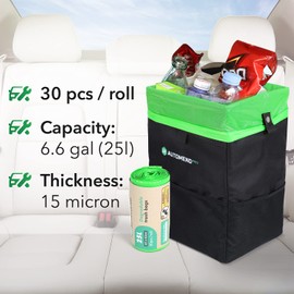 AUTOMEND PRO Garbage Bag for Car - Disposable Trash Bag for Cars | 25L Car Trash Bin | Roll of 30 Car Trash Bags | Durable Trash Bags for Cars | Hanging Car Trash Bag for Front and Back Seat