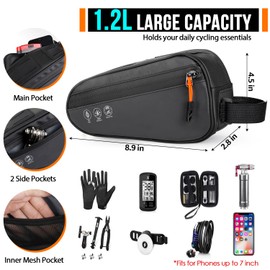 WOTOW Bike Frame Bag, Waterproof Bike Triangle Bag with Two Side Pockets, Reflective Bicycle Top Tube Phone Storage Pouch for Road Mountain Bike Cycling Travel （1.2L）