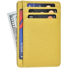 Leather Minimalist Wallet for Men & Women RFID Front Pocket Leather Card Holder Wallets (Yellow, Small)