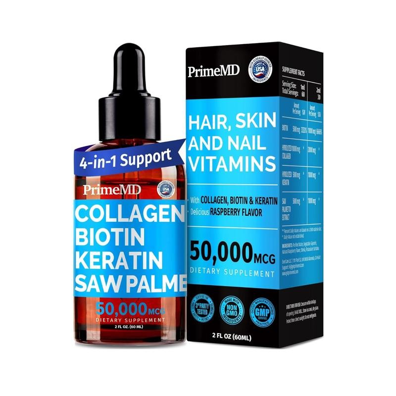 PrimeMD Liquid Collagen Biotin Keratin Saw Palmetto Supplement Drop -