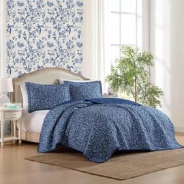 Laura Ashley - Quilt Set, Super Soft Fabric Bedding with Matching Sham, Toile-Inspired Print, Floral Home Essentials (Elaina Blue, Twin)