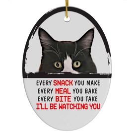 Every Snack You Make I'll Be Watching You Black White Maine Coon Cat Christmas Ornament - Funny White Oval Ceramic Decoration Gifts for Cat Lovers