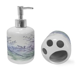Ambesonne Lavender Soap Dispenser & Toothbrush Holder Set, Dreamy Scenario of Delicate Branches with Purplish Leaves Fantasia, Ceramic Bathroom Toiletry Accessories, 2 Pcs, Pale Ceil Blue Pale Green