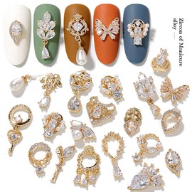 HNUIX Nail Charms and Gems - Gold Copper Zircon, Multiple Shapes 3D Dangle, Metal Jewelry Rhinestones for Nails 24 Pieces