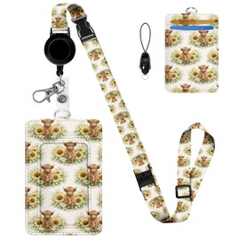 Highland Cow Sunflower ID Badge Holder with Breakaway Lanyard, Adjustable Lanyards for Id Badges Keys,Retractable Badge Reel w/360° Clip,RFID Blocking Card Holders for Women Office Staff Teacher Nurse
