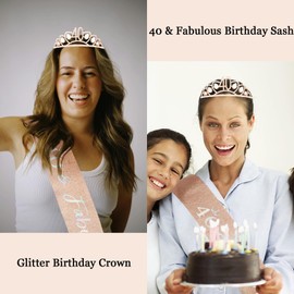CURASA Birthday Sash and Crown for Women 40th Birthday Sash Rose Gold Birthday Crown Adult Women Rhinestone Birthday Tiara Rose Gold 40 & Fabulous Sash Birthday Decoration for Party Gifts