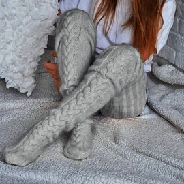 NICEYEA Winter Womens Warm Knitted Knee High Socks Furry Thigh High Stockings Extra Long Leg Warmers Sleeping Socks Thermal Socks