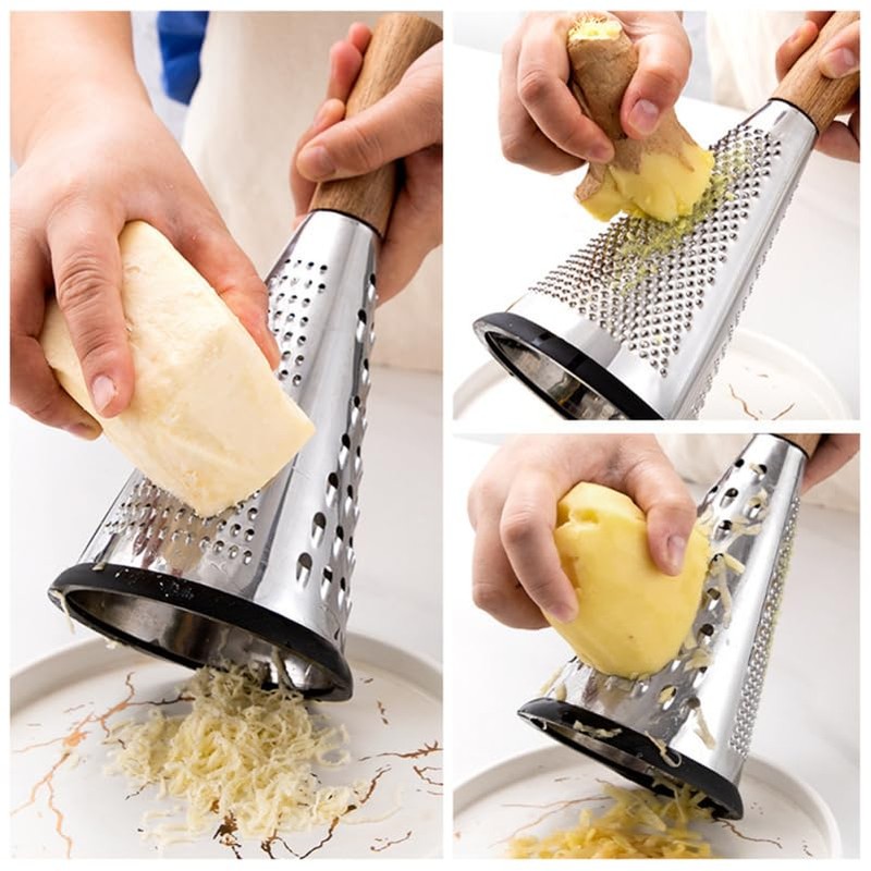 Ciieeo Stainless Steel Vegetable Grater with Wooden Handle - 3-Sided