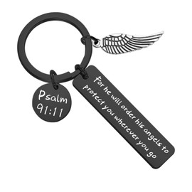 CHOORO Bible Verse Keychain for He Will Order His Angels to Protect You Wherever You Go Religious Jewelry Christian Gift (Black)