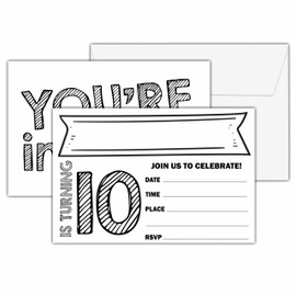 seclate 10th Birthday Invitations, 25 Double-Sided Invitation Cards with 25 Envelopes, Black and White Birthday Party Decoration Supplies - E02
