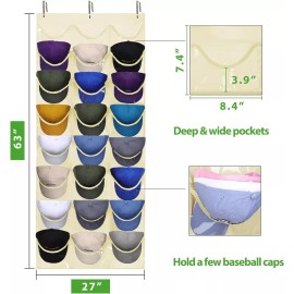 Unbranded Hat Rack - Hat Organizer for Wall Door with 3 Hooks, 24 Deep Pockets (Beige, L)