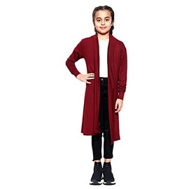 Girls Boyfriend Maxi Cardigan Plain Long Sleeve Fashion Open Front Top School Sweater Wine 9-10 Years