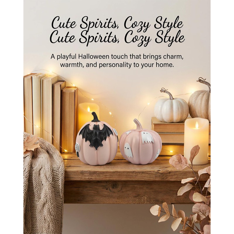 Halloween Decorations Pumpkin Figurines Set of 2, Cute Resin Shelf