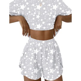 IECCP Pjs for Women Summer Ladies Pyjamas Set 2 Piece Cute Matching Pajamas Soft Nightwear Sleepwear Loungewear Loose Fit Top and Bottoms Gray White Stars M