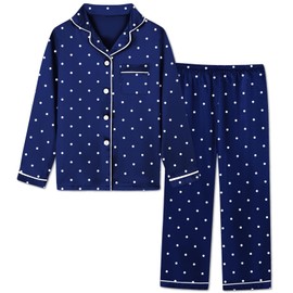 Schbbbta Womens Silk Satin Pajamas Set, Two Pieces Printed Sleepwear Loungewear Button-Down Pj Sets, Navy Dot, Small